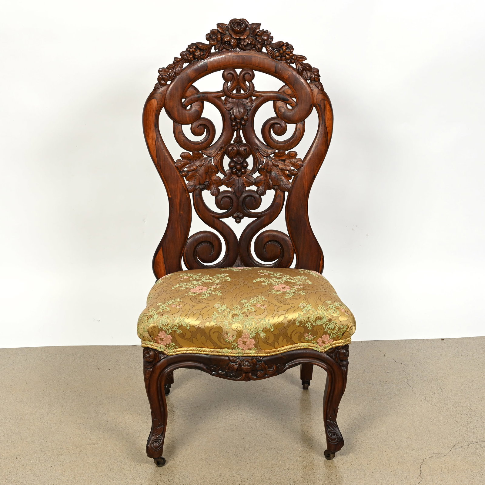 Belter Rosewood Slipper Chair: Belter Rosewood Slipper Chair, 37.5"x 18.5"x 20", Similar To Tuthill King Pattern, Yellow, Pink And Green Brocade Seat. Woody Auction Cannot Ship This Item - It Must Be Picked Up In Person In Douglass