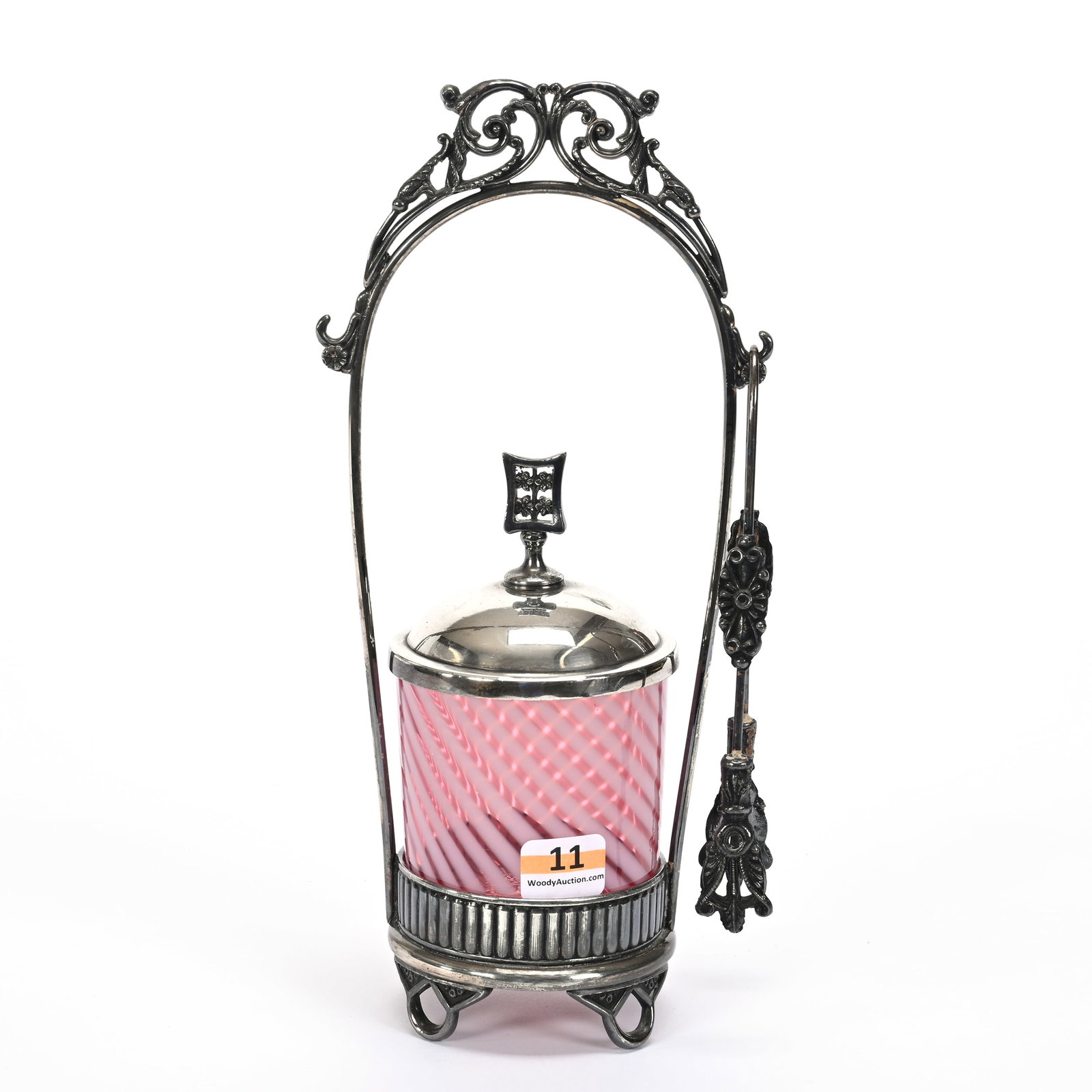 Victorian Pickle Castor: Victorian Pickle Castor, 10.75" x 4", Cranberry Swirl Art Glass Insert Set On Pairpoint #634 Silverplate Frame, Insert Is Probably A Marriage, Harold & Joeleen Passow, Iowa.