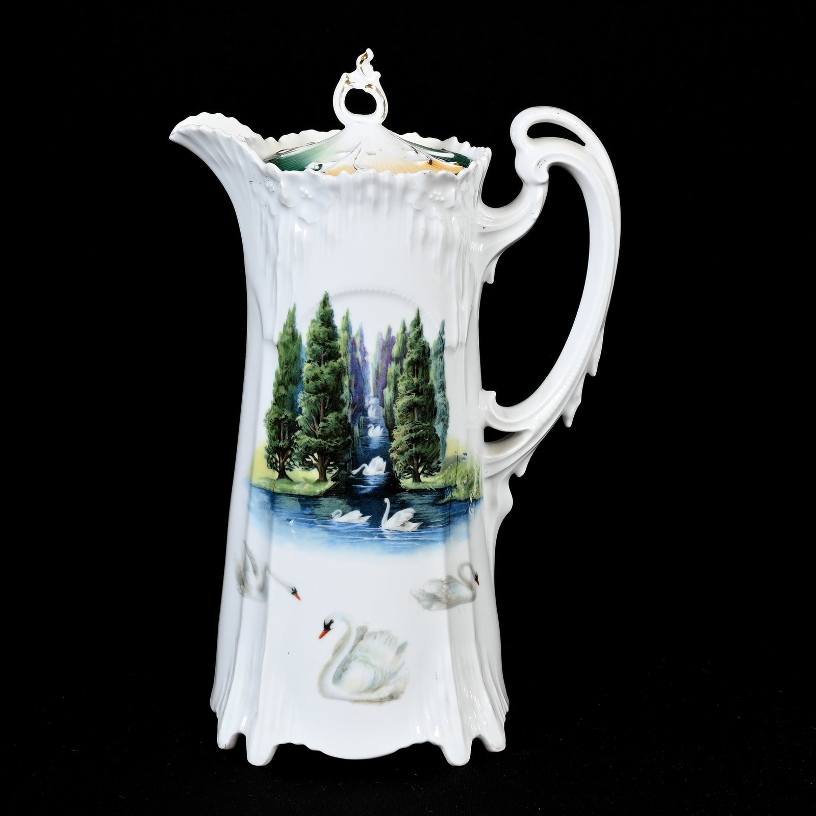 Chocolate Pot Marked R.S. Prussia: Chocolate Pot Marked R.S. Prussia, 10.25" x 6.5", Icicle Mold, White With Swan And Evergreen Scenic Decor, Wrong Lid, Professional Repair On Back Side Rim Of Pot, Harold & Joeleen Passow, Iowa.