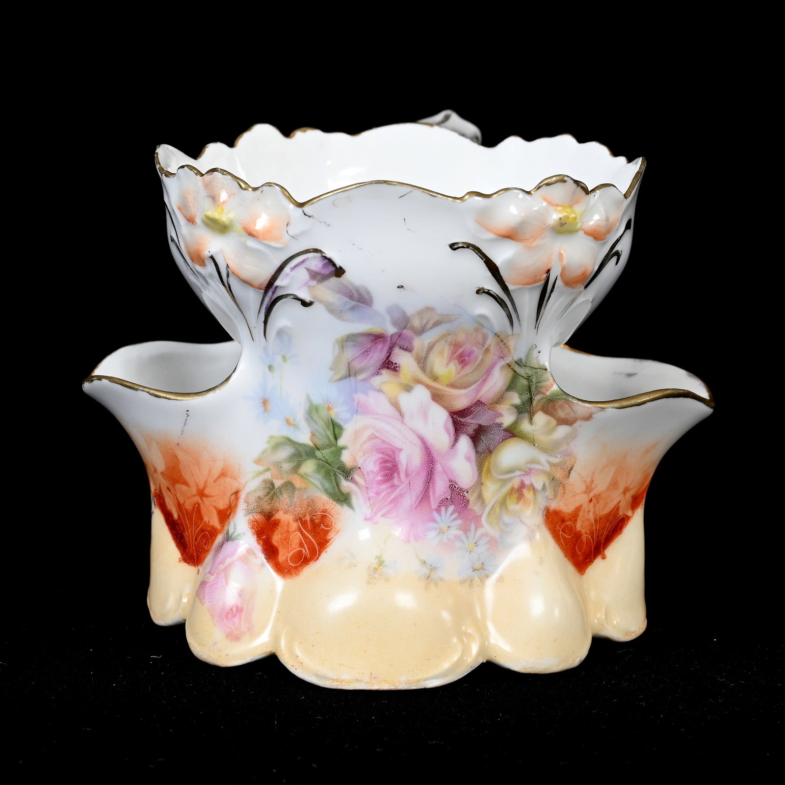 Double Scuttle Mug Marked Crown Versa: Double Scuttle Mug Marked Crown Versa, 3.5" x 4.5", White, Cream And Brown Tones, Rose Decor, Lily Mold, Rim Repair, Harold & Joeleen Passow, Iowa.