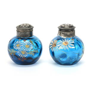 Salt & Pepper Set, Blue Coinspot Art Glass: Salt & Pepper Set, Blue Coinspot Art Glass, 2.25" x 2", Enamel Floral Decor, One Has Some Metal Loss Near Neck, Harold & Joeleen Passow, Iowa.