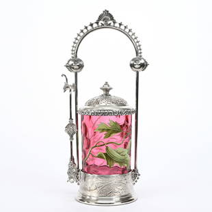 Victorian Pickle Castor: Victorian Pickle Castor, 12" x 5.25", Cranberry Coinspot Art Glass Insert With Finely Enameled Cucumber Vine Decor, Set On Meriden #204 Silverplate Frame, Rim Nick On Insert, Harold & Joeleen Passow,