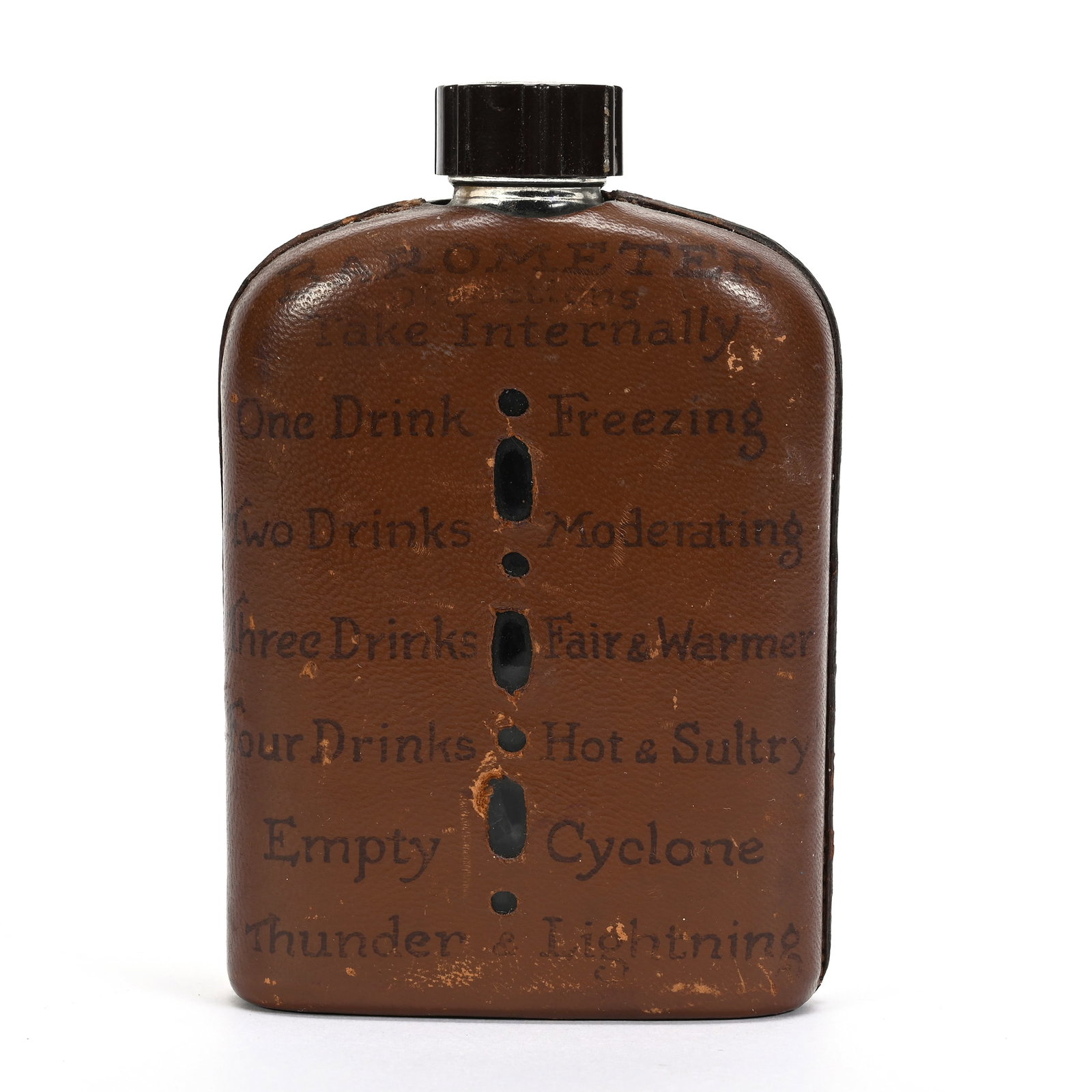 Flask, Clear Glass With Leather Covering: Flask, Clear Glass With Leather Covering, 5.25" x 3.75", Drunk Poem On Back, Barometer On Front, Harold & Joeleen Passow, Iowa.