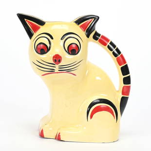 Pitcher Marked Erphila Czechoslovakia: Pitcher Marked Erphila Czechoslovakia, 8.25" x 7.75", Yellow Cat With Black And Red Highlights, Harold & Joeleen Passow, Iowa.