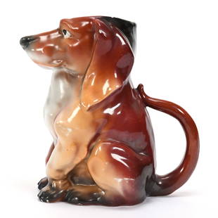 Water Pitcher, Royal Bayreuth Blue Mark: Water Pitcher, Royal Bayreuth Blue Mark, 6.75" x 7", Dachshund, Harold & Joeleen Passow, Iowa.