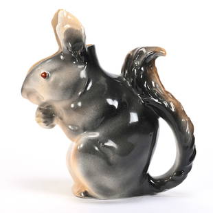 Milk Pitcher, Royal Bayreuth Blue Mark: Milk Pitcher, Royal Bayreuth Blue Mark, 5.75" x 5.5", Squirrel, Black, Gray And Brown Tones, Harold & Joeleen Passow, Iowa.