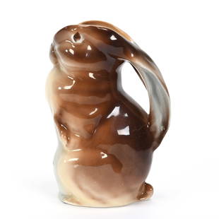 Milk Pitcher, Unmarked Royal Bayreuth: Milk Pitcher, Unmarked Royal Bayreuth, 5.25" x 4", Rabbit, Brown Tones, Harold & Joeleen Passow, Iowa.