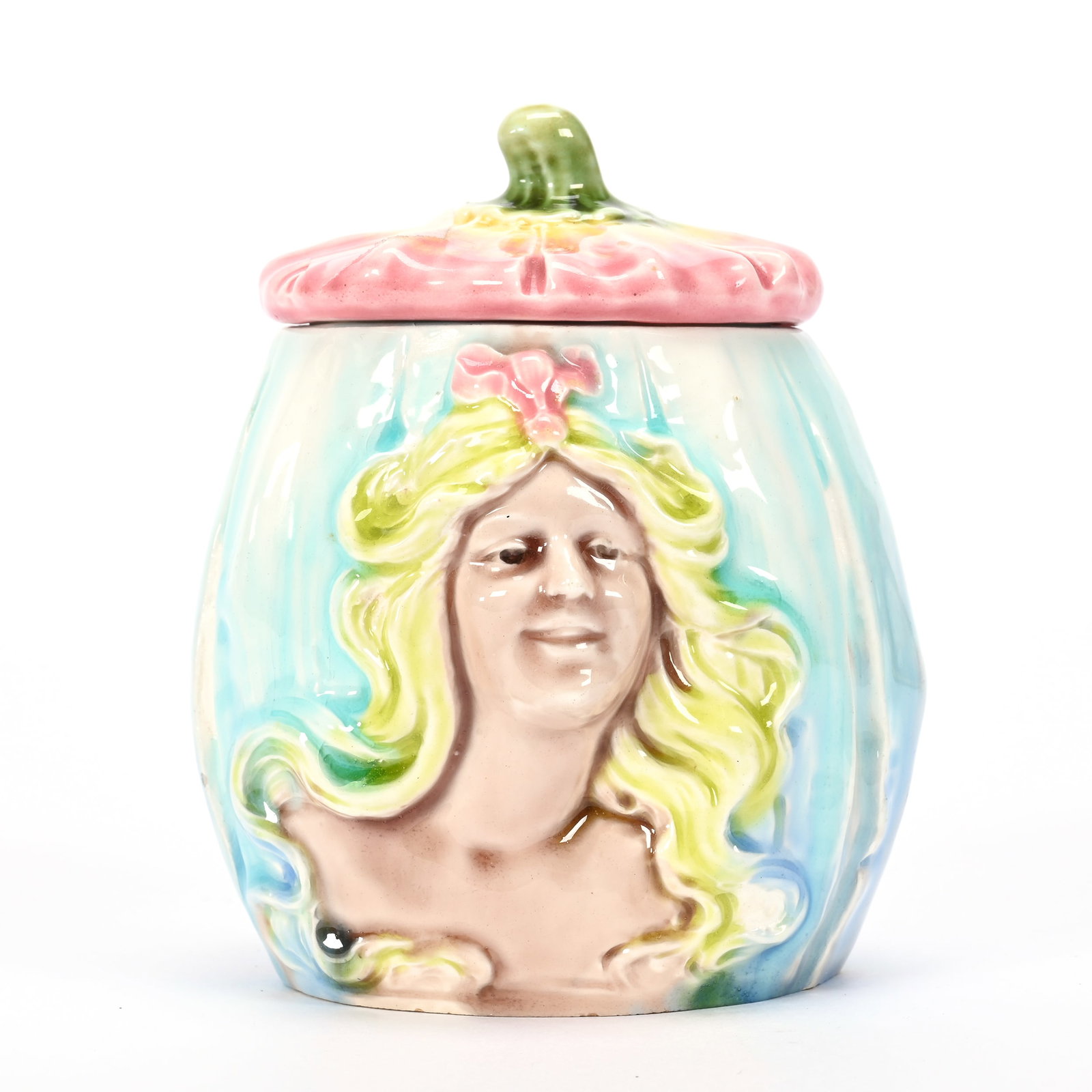 Humidor, Unmarked Majolica: Humidor, Unmarked Majolica, 4.5" x 3.75", Art Nouveau Embossed Woman Design, Pastel Colors, Harold & Joeleen Passow, Iowa.