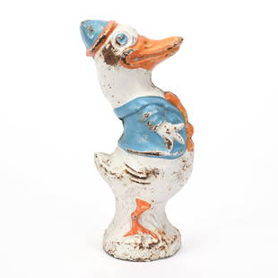 Cast Iron Doorstop, Early Donald Duck, Circa 1935: Cast Iron Doorstop, Early Donald Duck, Circa 1935, 9.5" x 4.25" x 4", Made By E. M. I. G. Of Reading, Pennsylvania, Some Paint Rub And Wear, Harold & Joeleen Passow, Iowa.