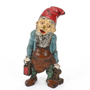 Cast Iron Doorstop, Garden Gnome, Circa 1931: Cast Iron Doorstop, Garden Gnome, Circa 1931, 10" x 5.25", Gnome Is Holding Lantern And Keys, Designed By Charles Cuteur, Paint In Decent Condition Overall, Harold & Joeleen Passow, Iowa.