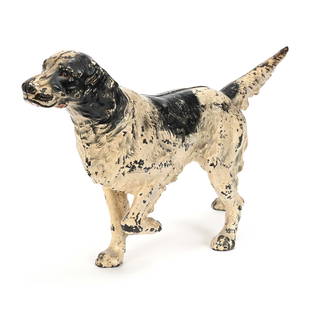 Cast Iron Doorstop, Dog On Point By Hubley: Cast Iron Doorstop, Dog On Point By Hubley, 8.75" x 16", Black And White Spotted, Harold & Joeleen Passow, Iowa.