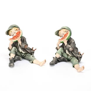 Pair Modern Bisque Figurines, Italian: Pair Modern Bisque Figurines, Italian, 6.75" x 8.5", Young Boy With Slingshot In Pocket And Eating Watermelon, Identical Pair, Harold & Joeleen Passow, Iowa.