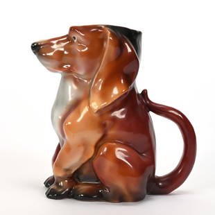 Pitcher, Royal Bayreuth Blue Mark: Pitcher, Royal Bayreuth Blue Mark, 6.75" x 7", Dachshund, Harold & Joeleen Passow, Iowa.