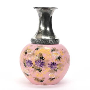 Water Carafe, Pink Bristol Art Glass: Water Carafe, Pink Bristol Art Glass, 8.25" x 5.75", Enamel Floral Decor, Silverplate Top, Harold & Joeleen Passow, Iowa.