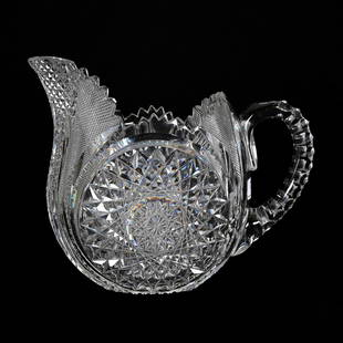 Water Pitcher, Eulalia Shape, ABCG: Water Pitcher, Eulalia Shape, American Brilliant Cut Glass, 7.75" x 9.75", Huge Hobstar With Strawberry Diamond, Crosscut Diamond, Prism And Fan Highlights, Triple Notched Handle, Ray Cut Base,