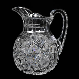 Water Pitcher, American Brilliant Cut Glass: Water Pitcher, American Brilliant Cut Glass, 9"x 7.75", Finely Cut Hobstar, Vesica, Cane, Strawberry Diamond, Star And Fan Motif, Solid Button Cut Handle, Hobstar Base, Nice Quality, Pattern Matches L