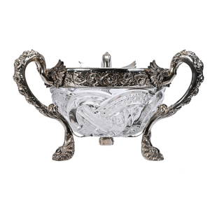 Magnificent Centerpiece, Three Handles, ABCG: Magnificent Centerpiece, Three Handles, American Brilliant Cut Glass, 8.75"x 14.5", Crystal City Pattern, Also Known As Wedding Ring, By J. Hoare, Incredible Sterling Silver Rim With Winged Serpent