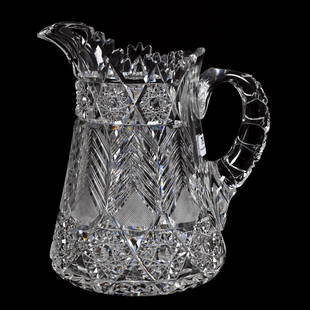 Pitcher, ABCG, Fern Pattern By Ohio Cut Glass: Pitcher, American Brilliant Cut Glass, Fern Pattern By Ohio Cut Glass, 8.75"x 7.75", Pattern Cut Handle, Hobstar Base, Wonderful Blank, Indiana Private Collection.