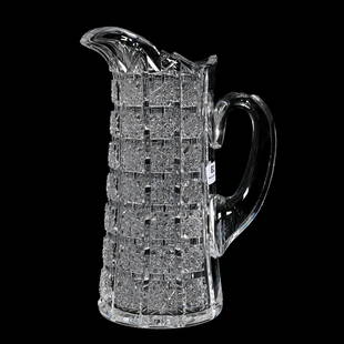 Pitcher, American Brilliant Cut Glass: Pitcher, American Brilliant Cut Glass, 10"x 6.75", Checkerboard Type Pattern, Deep Channel Cuts With Square Hobstars, Solid Notched Handle, Ray Cut Base, Extra Clear Blank, Wilbur And The Late Mary