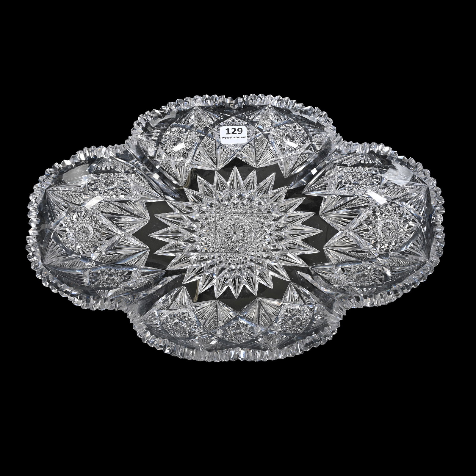 Oval Dish, Blown Mold, ABCG, Pattern #293: Oval Dish, Blown Mold, American Brilliant Cut Glass, Pattern #293, 2.75"x 12.25"x 8", By Dorflinger, Large Hobstar Center, Extra Clear Blank, Tooth Chip, Wilbur And The Late Mary Bluhm Collection.