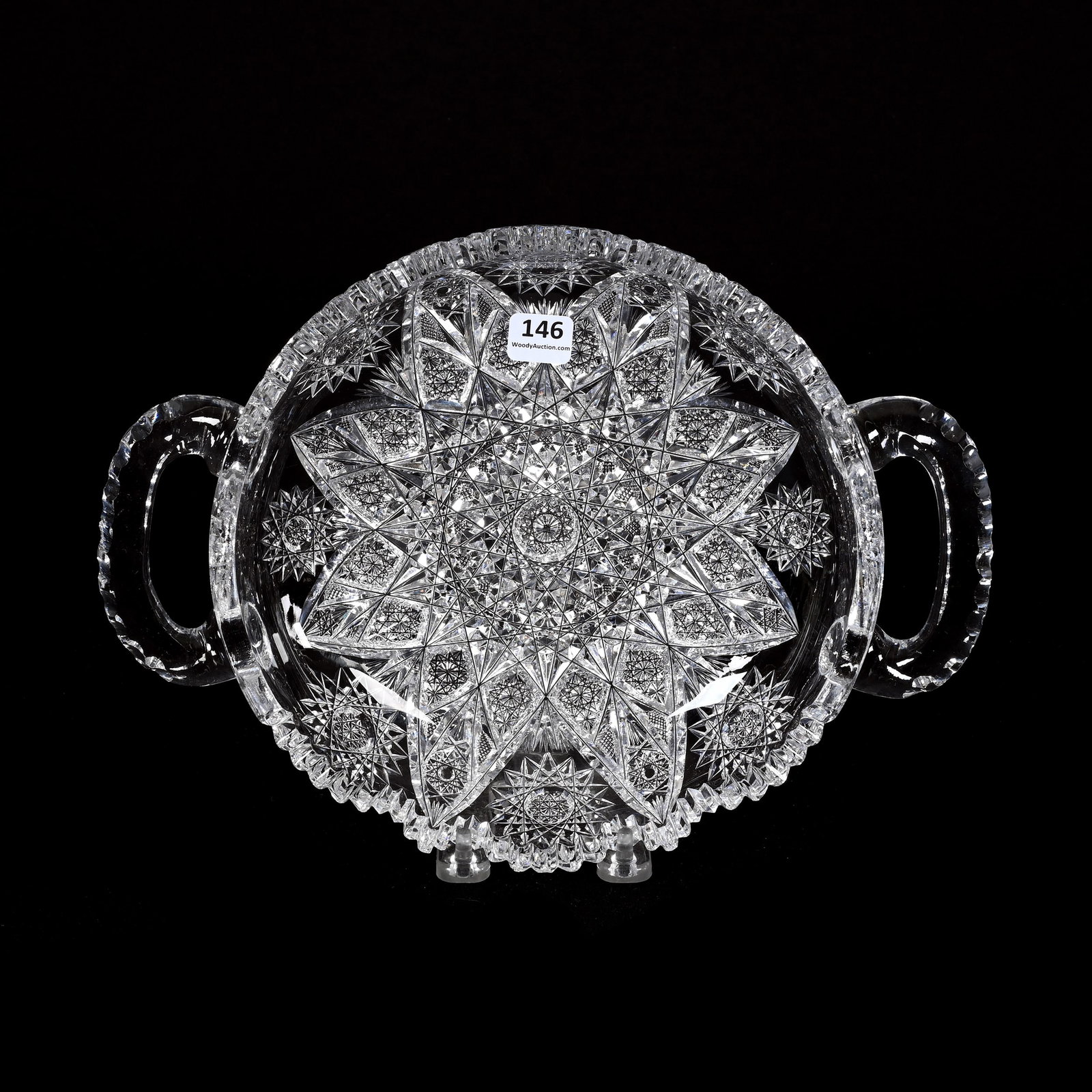 Two Handled Bowl, ABCG, Expanding Star Pattern: Two Handled Bowl, American Brilliant Cut Glass, Expanding Star Pattern, 2"x 12"x 9", Extra Clear Blank, Notched Handles, Cut By Elite Cut Glass, Tooth Chips, Leon And Carol Torline Collection, KS.