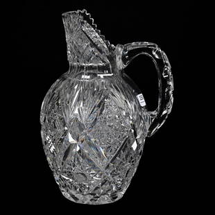 Pitcher, ABCG, Imperial Pattern By Libbey: Pitcher, American Brilliant Cut Glass, Imperial Pattern By Libbey, 10.5"x 7.5", Pattern Cut Handle, Hobstar Base, Two Quart, Wilbur And The Late Mary Bluhm Collection.