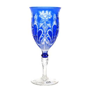 Goblet, BPCG, Cobalt Blue Cut To Clear: Goblet, BPCG, Cobalt Blue Cut To Clear, 8.25"x 3.5", Rococo Engraved Floral And Diamond Design, Clear Pattern Engraved Stem And Foot, Attributed To Stevens & Williams, Wilbur And The Late Mary Bluhm C