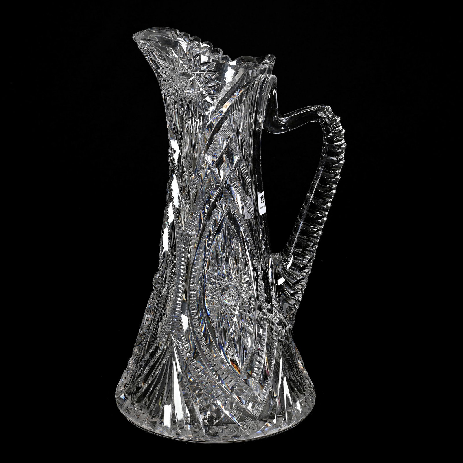 Tankard, American Brilliant Cut Glass: Tankard, American Brilliant Cut Glass, 13"x 7", Long Vesica Shaped Hobstars With Zipper, Strawberry Diamond And Fan Highlights, Handle With Ninety Degree Bend, Triple Notched, Hobstar Base, Rare Form,