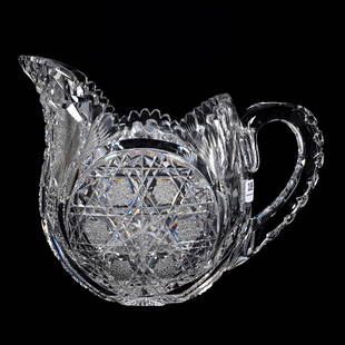 Pitcher, Eulalia Shape, ABCG: Pitcher, Eulalia Shape, American Brilliant Cut Glass, 7.75"x 9.75", Beautiful Hobstar Cluster With Hobstar, Cane, Strawberry Diamond, Prism And Fan Highlights, Pattern Cut Handle, Hobstar Base, Except