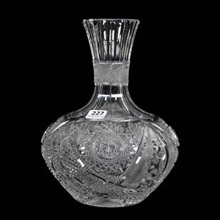 Water Carafe, American Brilliant Cut Glass: Water Carafe, American Brilliant Cut Glass, 8.75"x 6.5", Beautiful Hobstar, Strawberry Diamond, Nailhead Diamond, Star And Fan Motif, Hobstar Cut Base, This Was Presented To The Retiring ACGA Presiden