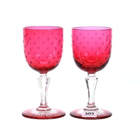 Pair Wine Stems, ABCG, Cranberry Cut To Clear