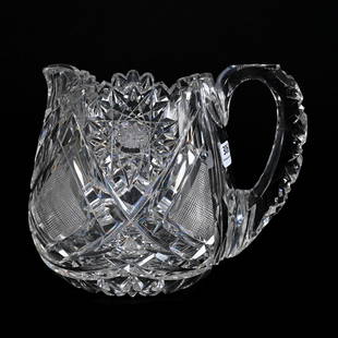 Pitcher, American Brilliant Cut Glass: Pitcher, American Brilliant Cut Glass, 6.75"x 7.75", Large Hobstar, Strawberry Diamond And Bar Motif, Hobstar Base, Pattern Cut Handle, Attributed To Libbey, Extra Clear Blank, Small Nick On One Miter