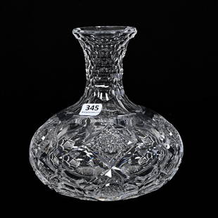 Water Carafe, ABCG, Signed Hawkes Queens Pattern: Water Carafe, American Brilliant Cut Glass, Signed Hawkes Queens Pattern, 7"x 6.5", Honeycomb Neck, Hobstar Base, Wilbur And The Late Mary Bluhm Collection.