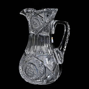 Pitcher, ABCG, Alpine Pattern By J. Hoare: Pitcher, American Brilliant Cut Glass, Alpine Pattern By J. Hoare, 8.5"x 6", Hobstar, Strawberry Diamond And Fan With Panels Of Long Thumbprint Mid-Section, Pattern Cut Handle, Hobstar Base, Clear