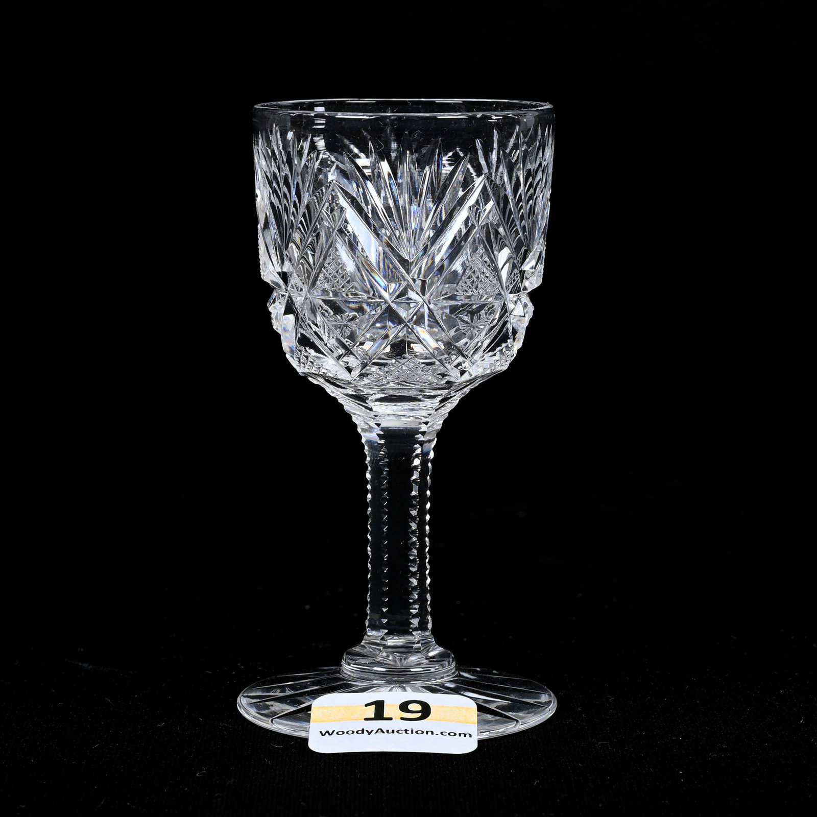 Cordial Stem, American Brilliant Cut Glass: Cordial Stem, American Brilliant Cut Glass, 3.25"x 1.5", Strawberry Diamond, Bar And Fan Motif, Solid Notched Stem, Ray Cut Foot, Indiana Private Collection.