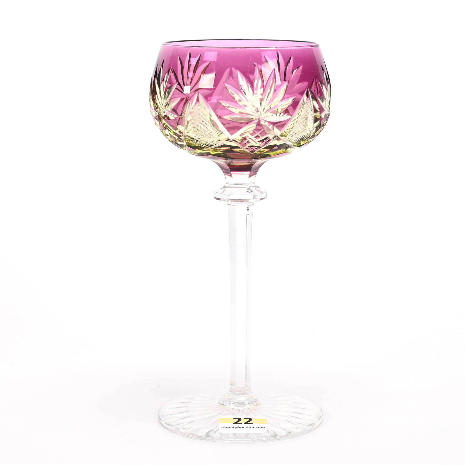 Wine Stem, BPCG, Amethyst Cut To Vaseline: Wine Stem, BPCG, Amethyst Cut To Vaseline, 7"x 3.25", Berncastel Pattern By Val St. Lambert, Circa 1905, Ray Cut Foot, Highly Reactive Under Black Light, Indiana Private Collection.