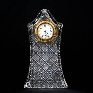 Desk Clock, American Brilliant Cut Glass: Desk Clock, American Brilliant Cut Glass, 9.75"x 5.5"x 2.25", Well Cut Checkerboard Pattern, Ray Cut Back, Clear Uncut Sides, Original Waterbury Works, Indiana Private Collection.