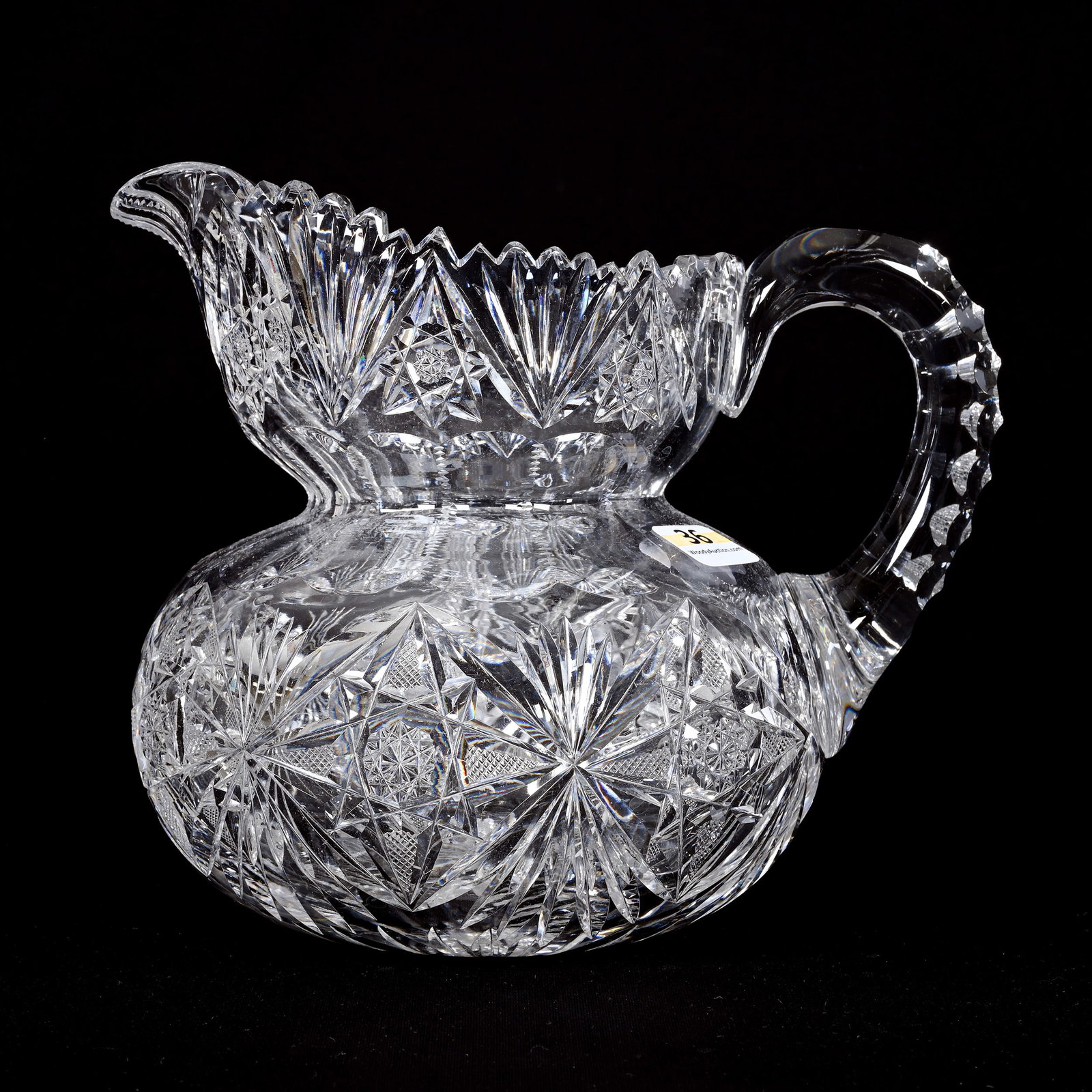 Pitcher, American Brilliant Cut Glass: Pitcher, American Brilliant Cut Glass, 6.75"x 7.75", Hobstar And Fan Motif, Unique Squat And Flared Form, Triple Notched Handle, Ray Cut Base, Indiana Private Collection.