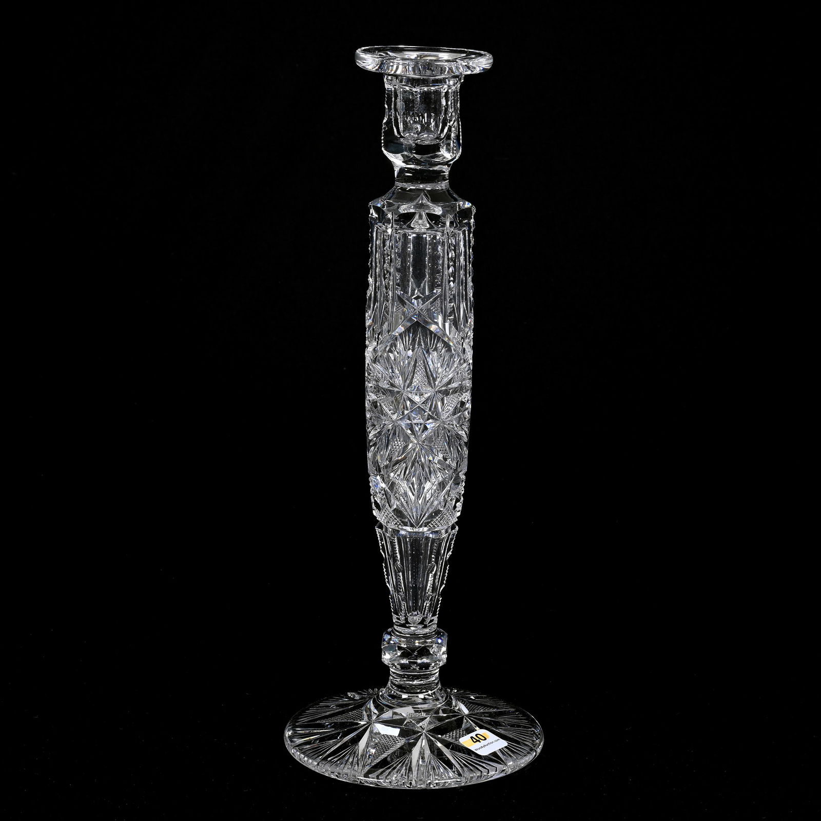 Candlestick, American Brilliant Cut Glass, Single: Candlestick, American Brilliant Cut Glass, Single, 13.75"x 5.25", Flashed Hobstar And Notched Panels, Large Flashed Hobstar Foot, Very Nice Quality Blank, Indiana Private Collection.