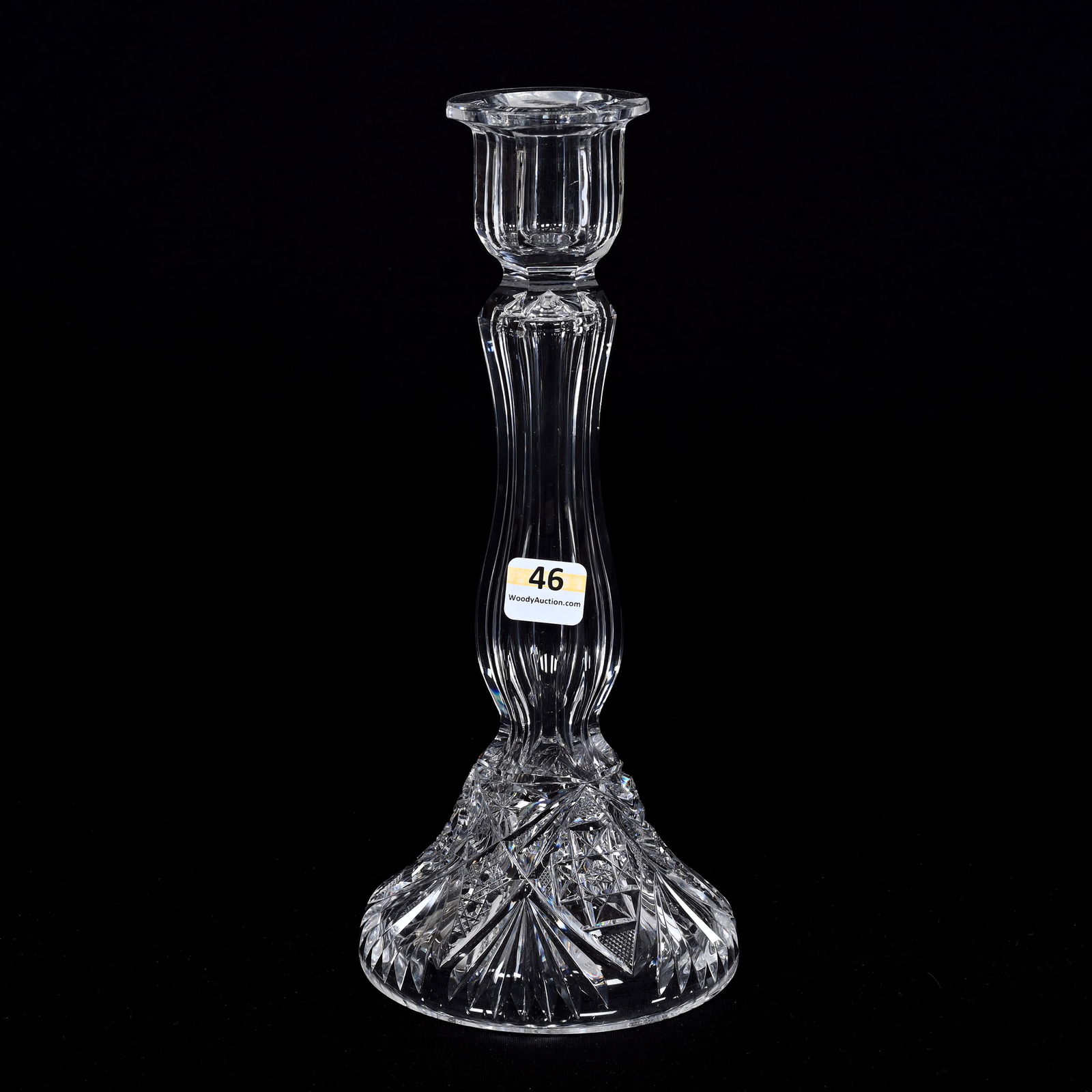 Candlestick, American Brilliant Cut Glass, Single: Candlestick, American Brilliant Cut Glass, Single, 10"x 4.5", Hollow Six-Sided Stem, Bell Shaped Foot With Hobstar, Cane And Fan Motif, Indiana Private Collection.