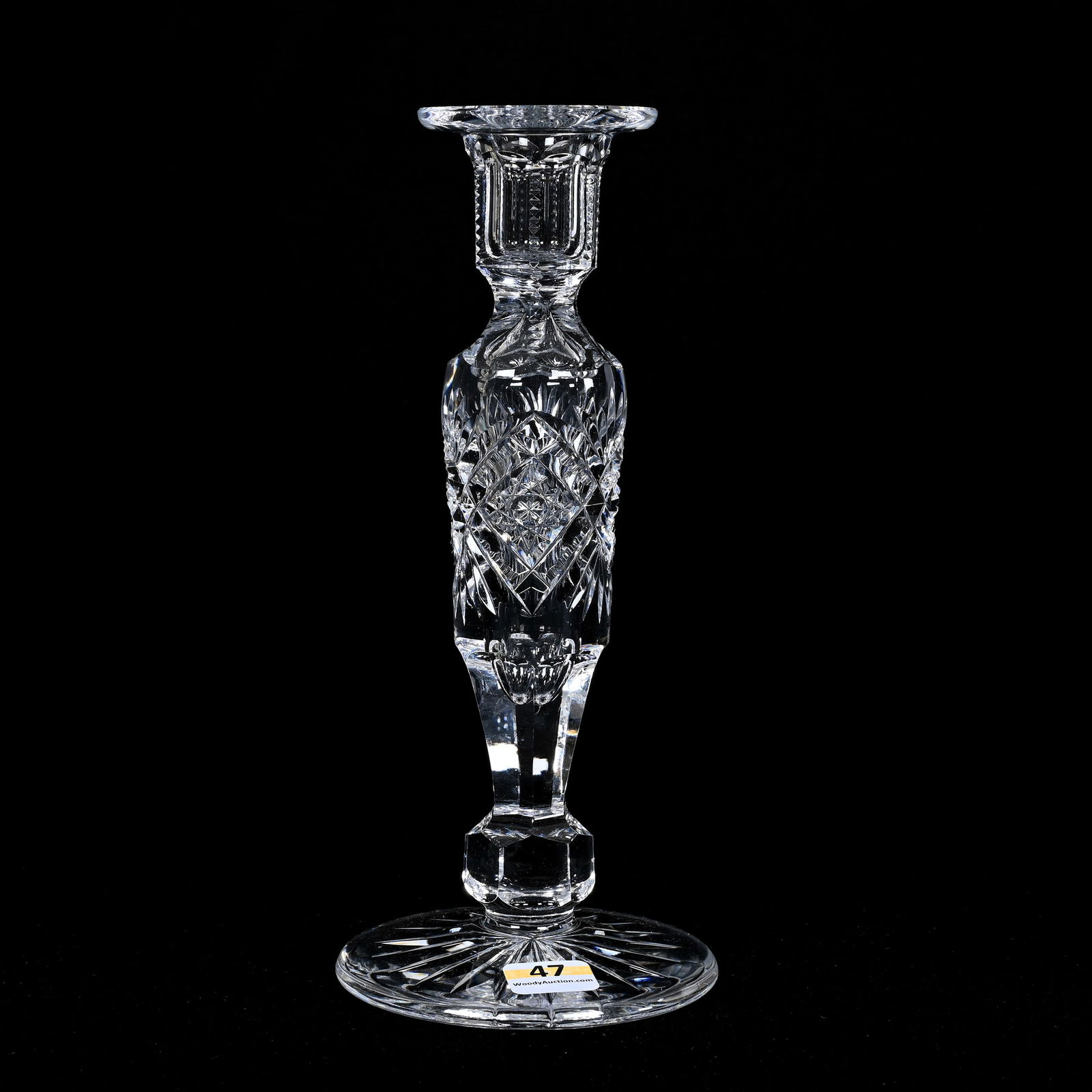 Candlestick, American Brilliant Cut Glass, Single: Candlestick, American Brilliant Cut Glass, Single, 8.75"x 3.75", Hobstar, Zipper And Fan Motif, Ray Cut Foot, Indiana Private Collection.