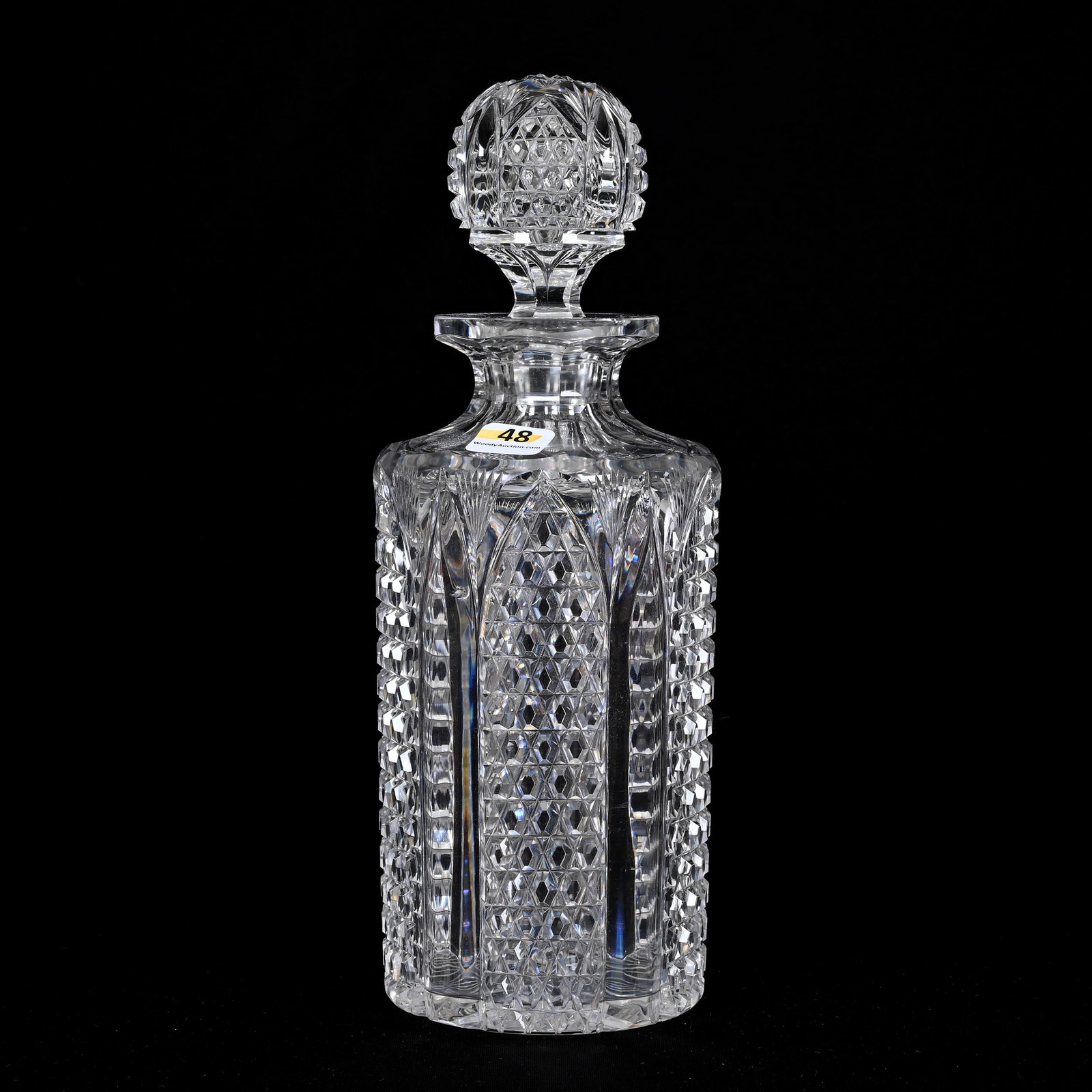 Decanter, American Brilliant Cut Glass: Decanter, American Brilliant Cut Glass, 10.75"x 4", Alternating Arched Panels Of Hob Button And Pillar, Pattern Matched Stopper, Flashed Hobstar Base, Exact Pattern Match To Lot #202 (Wine Stems), Ind
