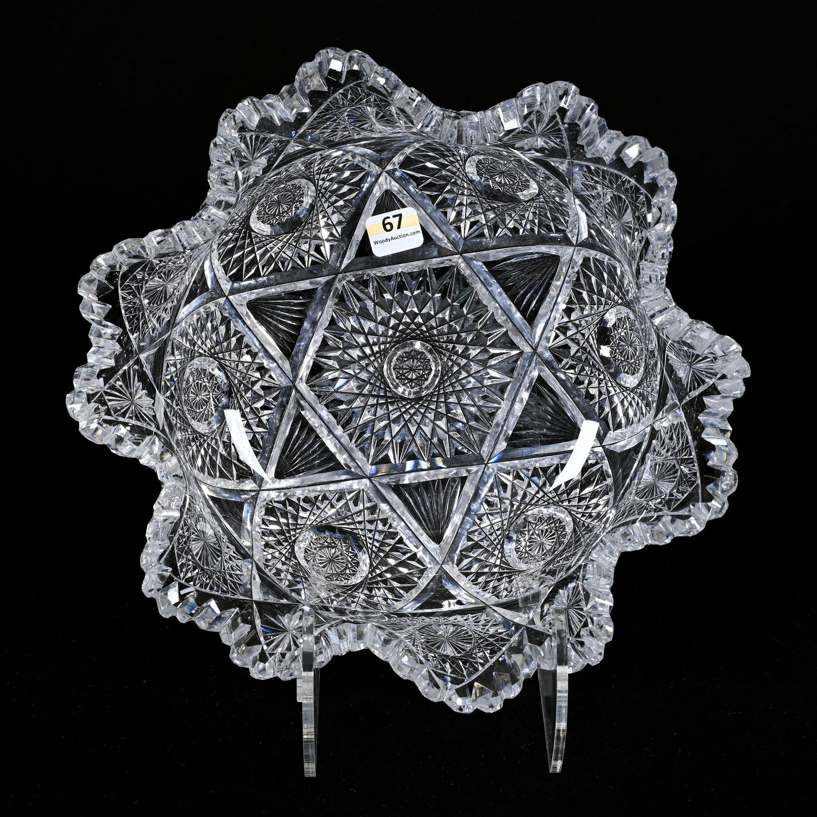 Bowl, Blown Mold, American Brilliant Cut Glass: Bowl, Blown Mold, American Brilliant Cut Glass, 4"x 10.75", Hobstar, Vesica, Star And Fan Motif, Indiana Private Collection.
