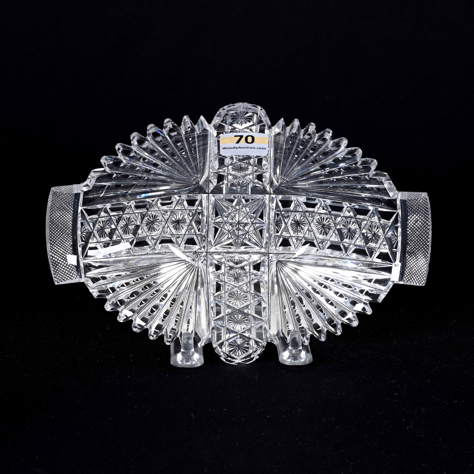 Oval Dish, American Brilliant Cut Glass: Oval Dish, American Brilliant Cut Glass, 7"x 5", Four Alternating Sections Of Star, Button And Prism Motif, Hobstar Center, Clear Blank, Indiana Private Collection.