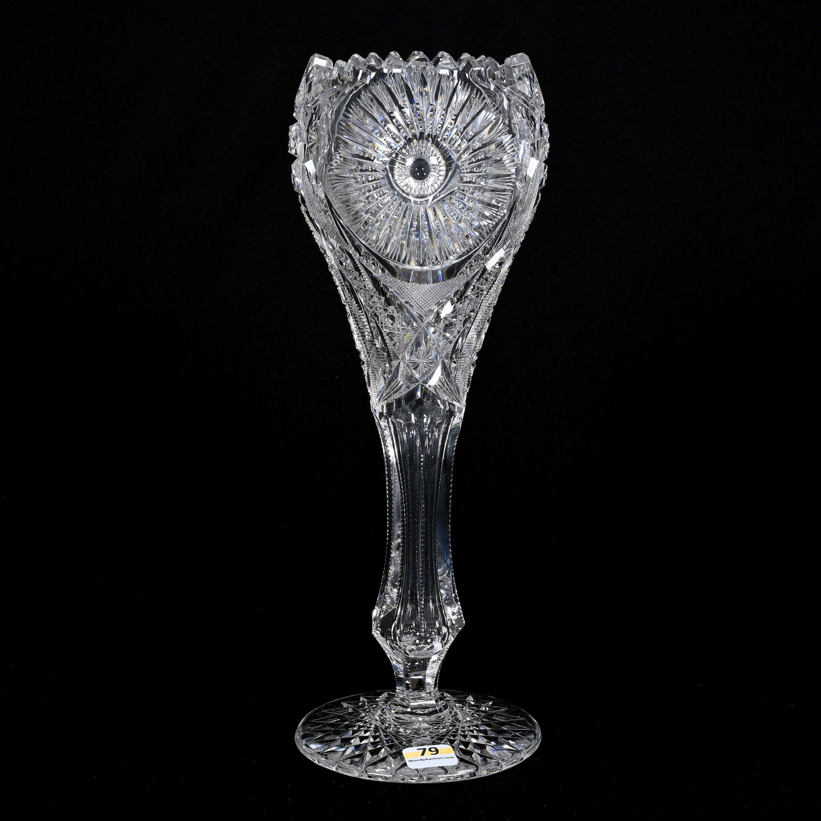 Pedestal Vase, American Brilliant Cut Glass: Pedestal Vase, American Brilliant Cut Glass, 12.25"x 4.5", Sunburst With Hobstar, Strawberry Diamond, Star, Cane, Zipper Highlights, Hobstar Foot, Indiana Private Collection.