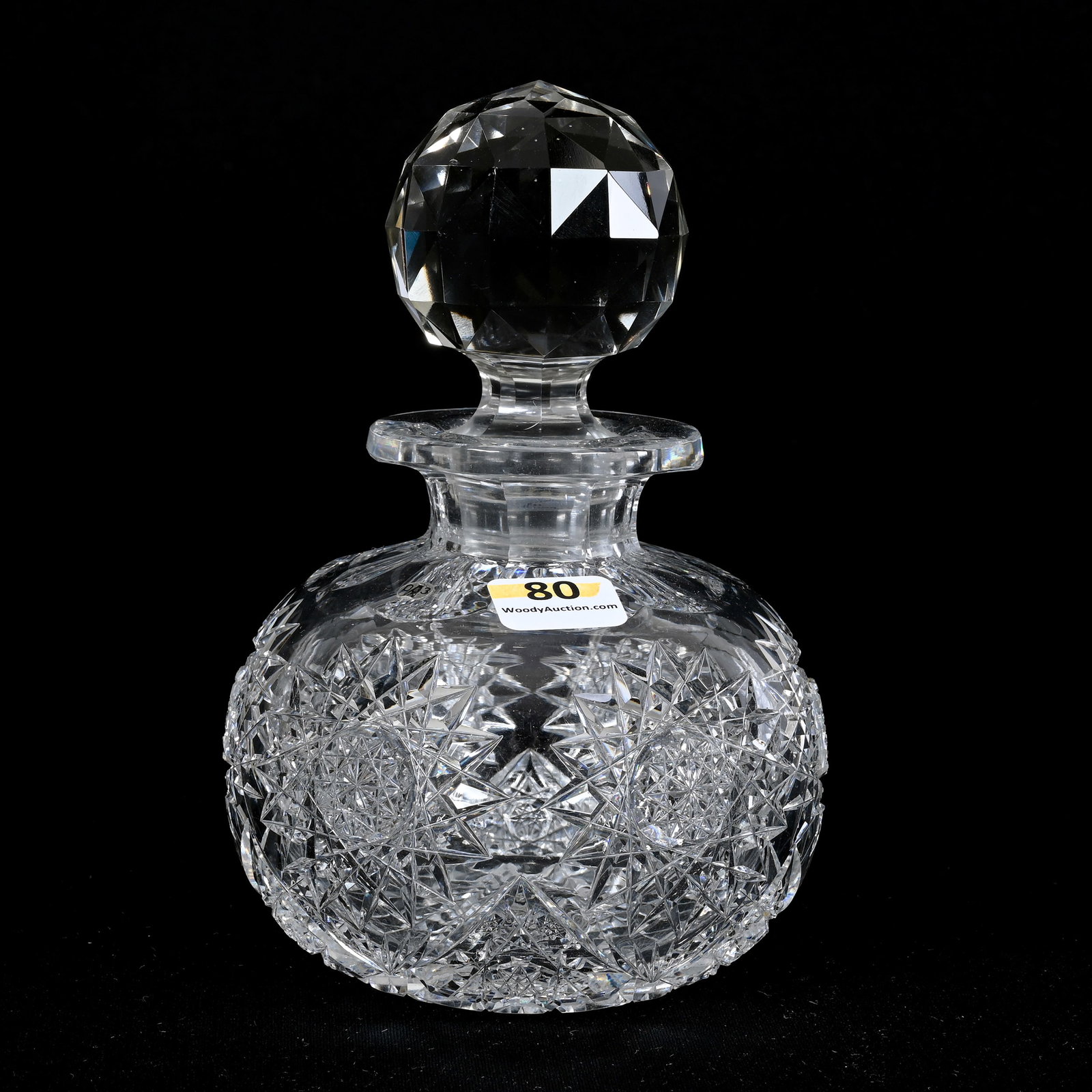 Cologne Bottle, American Brilliant Cut Glass: Cologne Bottle, American Brilliant Cut Glass, 6.25"x 4.5", Hobstar And Fan Motif, Stopper Slightly Discolored, Indiana Private Collection.
