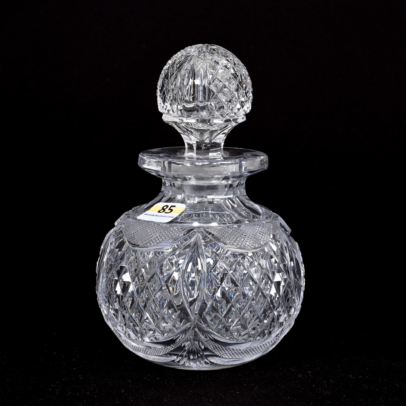 Cologne Bottle, American Brilliant Cut Glass: Cologne Bottle, American Brilliant Cut Glass, 6.5"x 4.25", Crosscut Diamond, Strawberry Diamond, Tusk And Drape Design, Pattern Cut Stopper, Ray Cut Base, Indiana Private Collection.