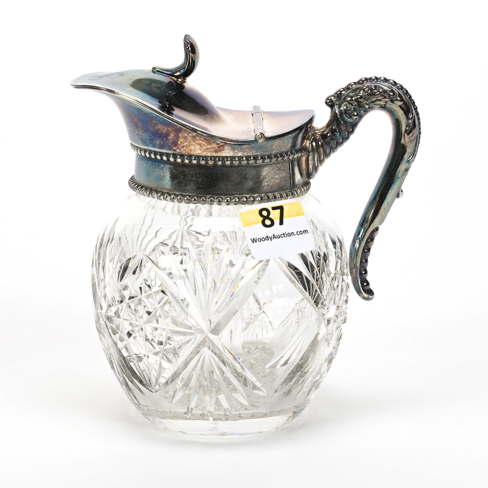 Syrup Pitcher, American Brilliant Cut Glass: Syrup Pitcher, American Brilliant Cut Glass, 4.75"x 4.25", Hobstar, Bullseye And Fan Motif, Ray Cut Base, Silverplate Spout And Handle, Indiana Private Collection.