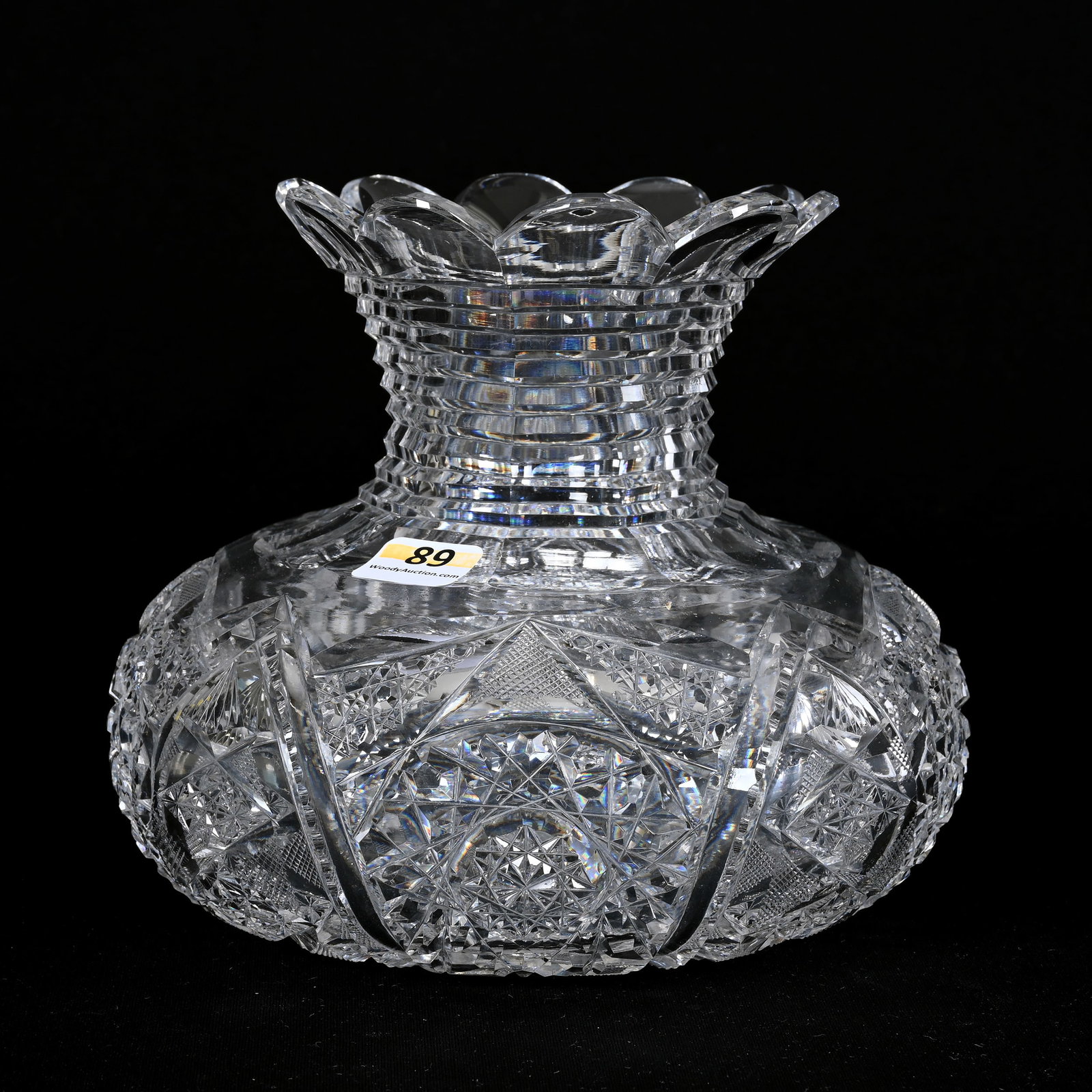 Flower Center, American Brilliant Cut Glass: Flower Center, American Brilliant Cut Glass, 6"x 7", Hobstar, Vesica, Strawberry Diamond, Cane And Prism Motif, Stepcut Neck, Indiana Private Collection.