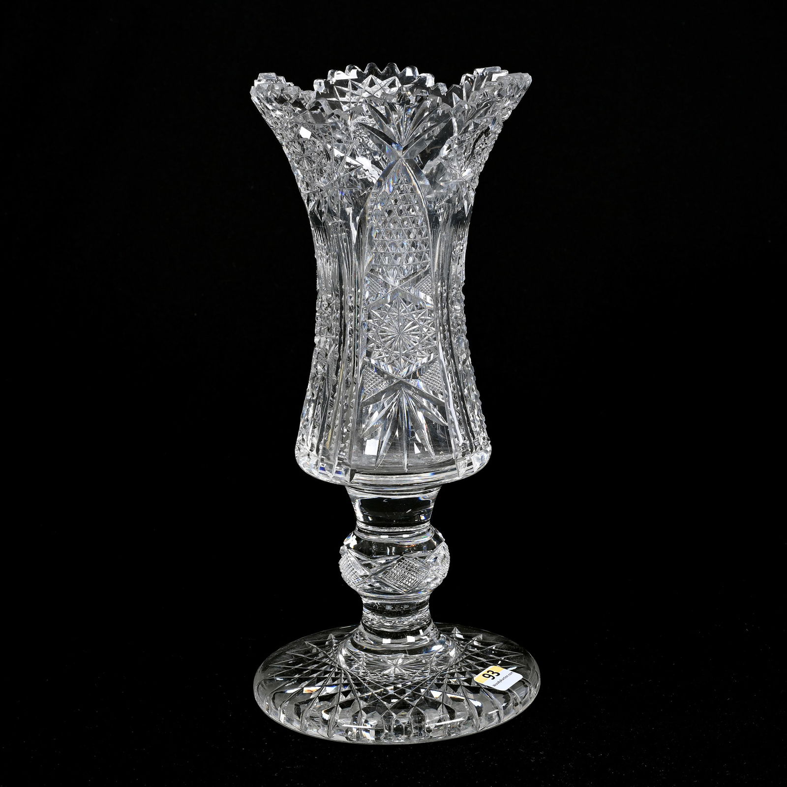 Pedestal Vase, American Brilliant Cut Glass: Pedestal Vase, American Brilliant Cut Glass, 11.75"x 5.5", Three Sections Of Hobstar, Nailhead Diamond, Strawberry Diamond, Prism And Fan Motif, Solid Pattern Cut Ball Stem, Large Hobstar Foot, One To